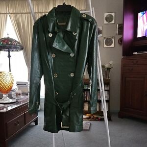 IMAN Dark Green Leather Trench Coat
